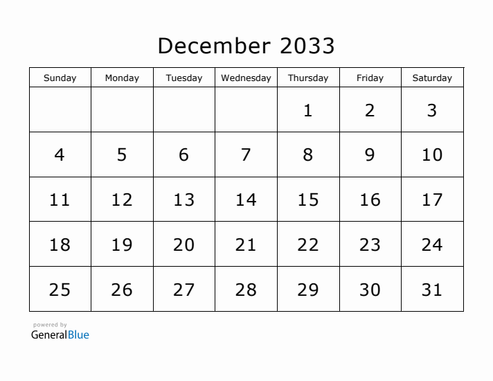 Printable December 2033 Calendar - Sunday Start