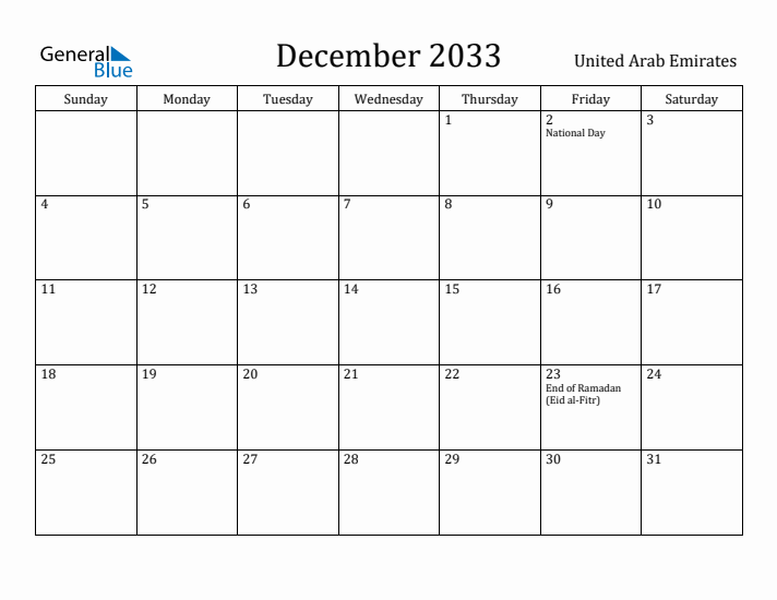 December 2033 Calendar United Arab Emirates