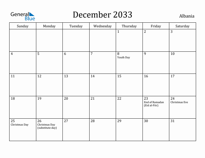 December 2033 Calendar Albania