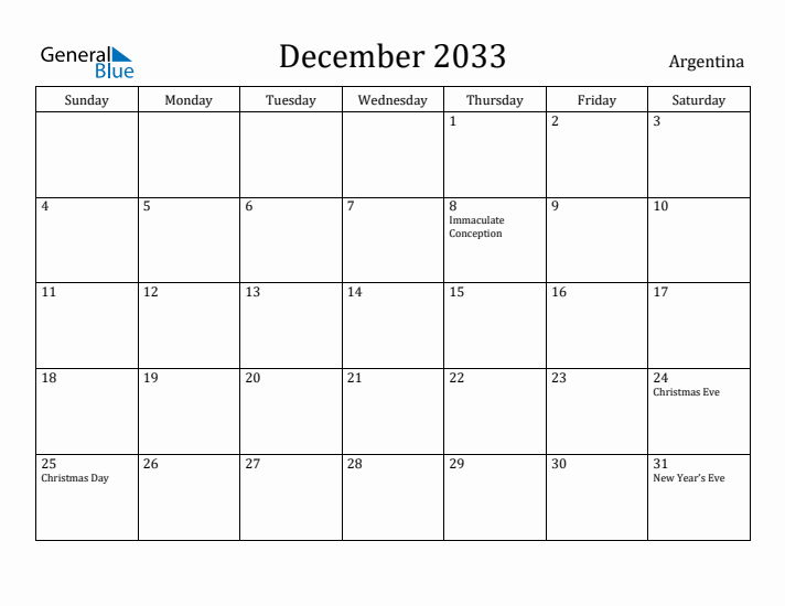 December 2033 Calendar Argentina