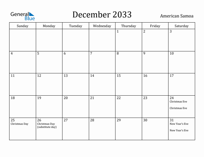 December 2033 Calendar American Samoa