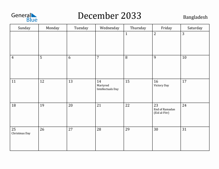December 2033 Calendar Bangladesh