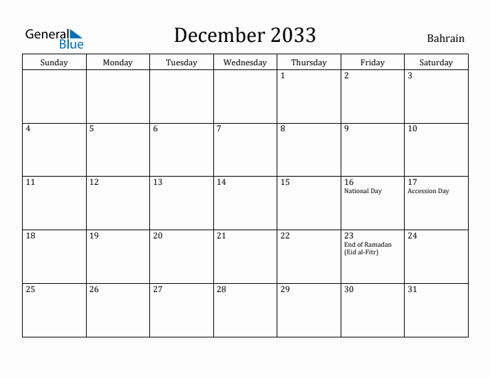 December 2033 Calendar Bahrain