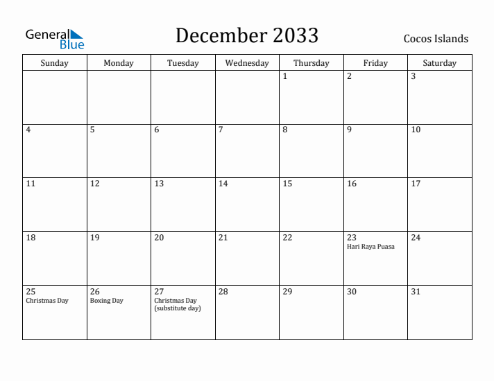 December 2033 Calendar Cocos Islands