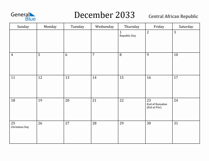 December 2033 Calendar Central African Republic