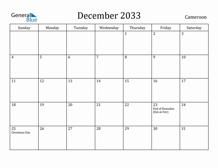 December 2033 Calendar Cameroon