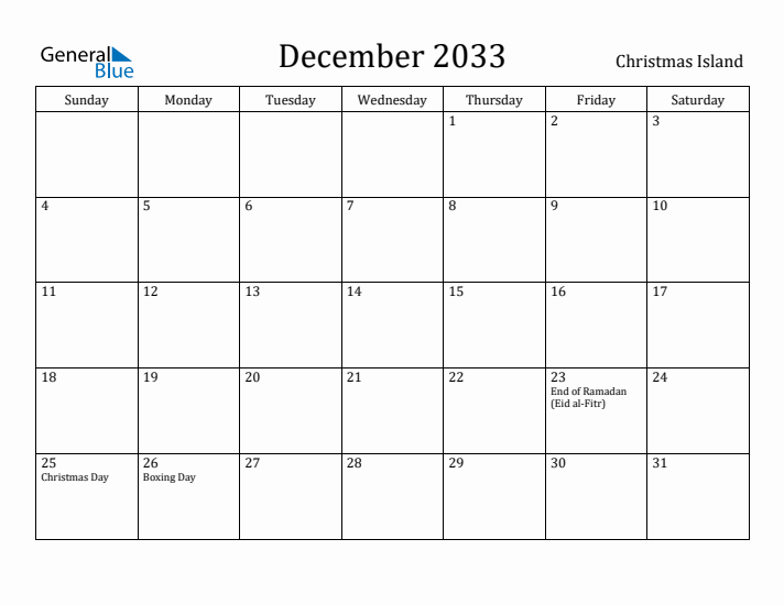 December 2033 Calendar Christmas Island