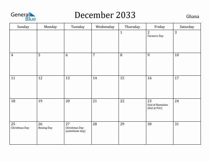 December 2033 Calendar Ghana