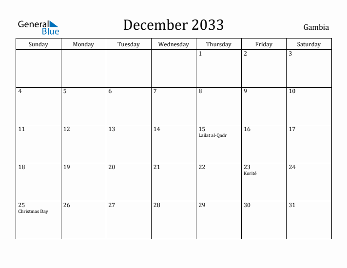 December 2033 Calendar Gambia