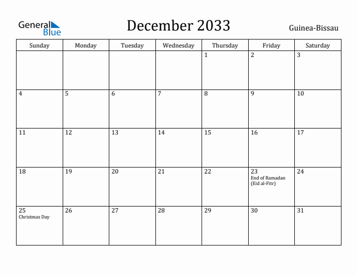 December 2033 Calendar Guinea-Bissau