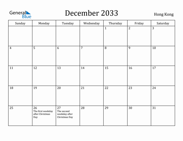 December 2033 Calendar Hong Kong