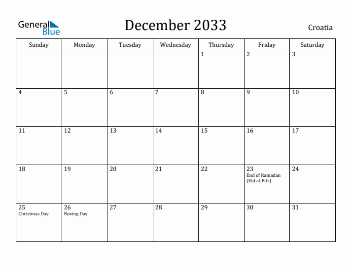 December 2033 Calendar Croatia