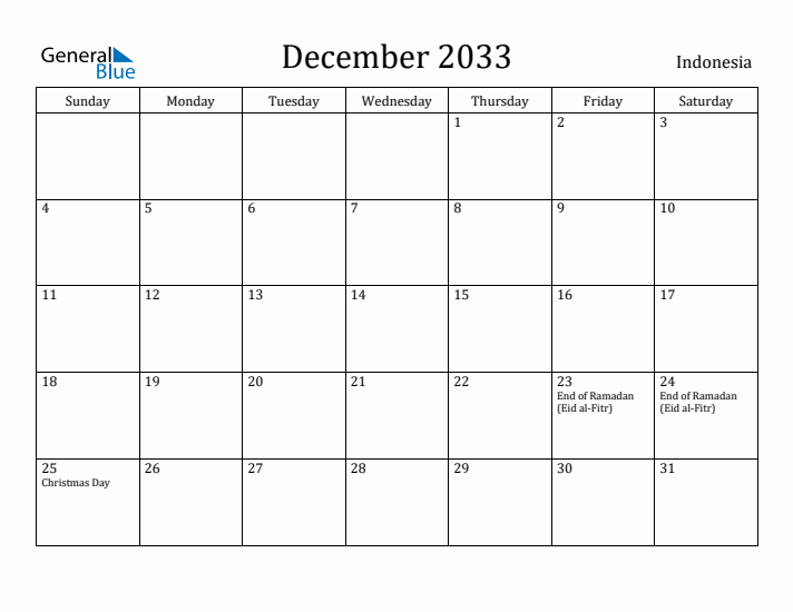 December 2033 Calendar Indonesia