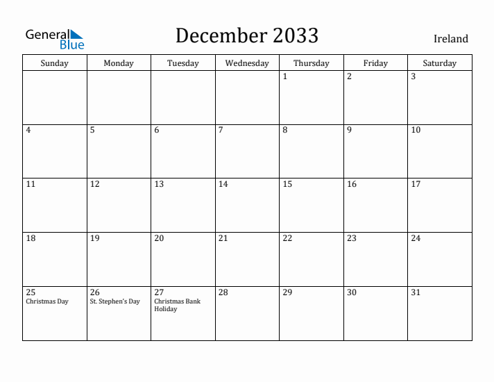 December 2033 Calendar Ireland