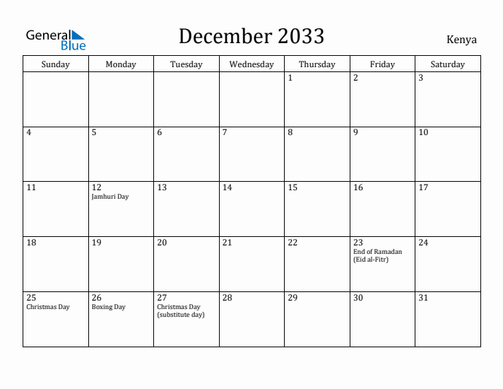 December 2033 Calendar Kenya