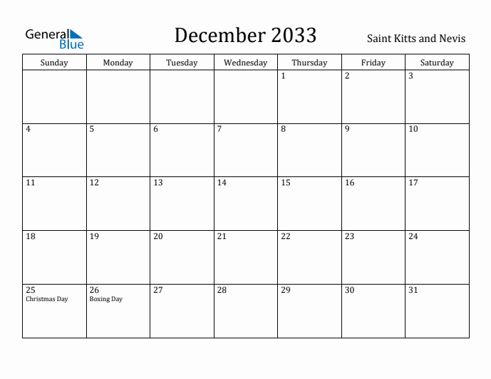 December 2033 Calendar Saint Kitts and Nevis