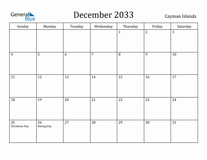 December 2033 Calendar Cayman Islands