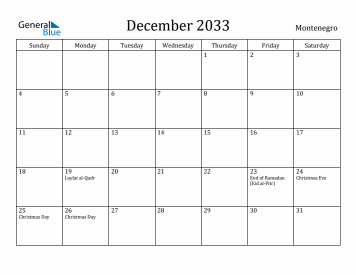 December 2033 Calendar Montenegro