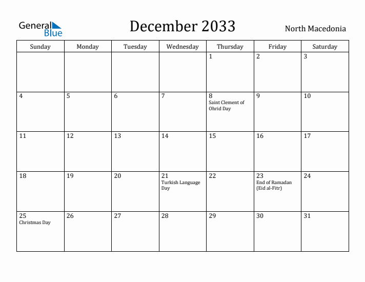 December 2033 Calendar North Macedonia