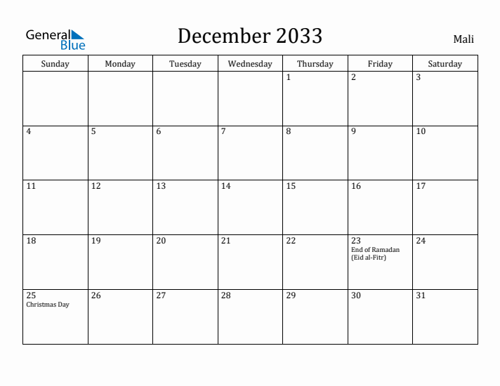December 2033 Calendar Mali