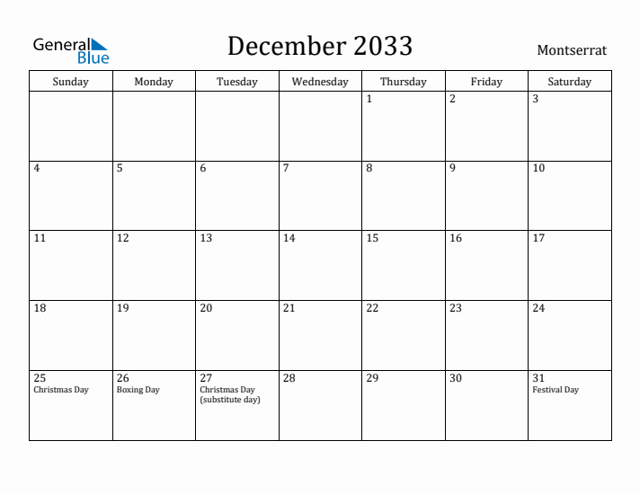 December 2033 Calendar Montserrat