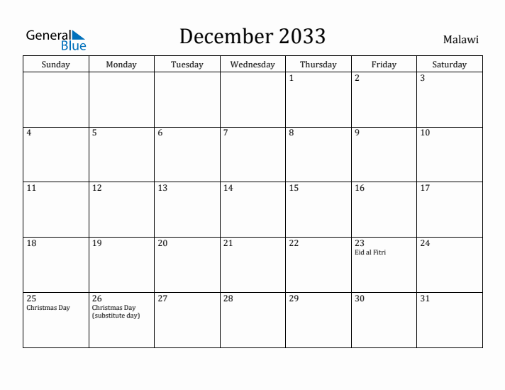 December 2033 Calendar Malawi