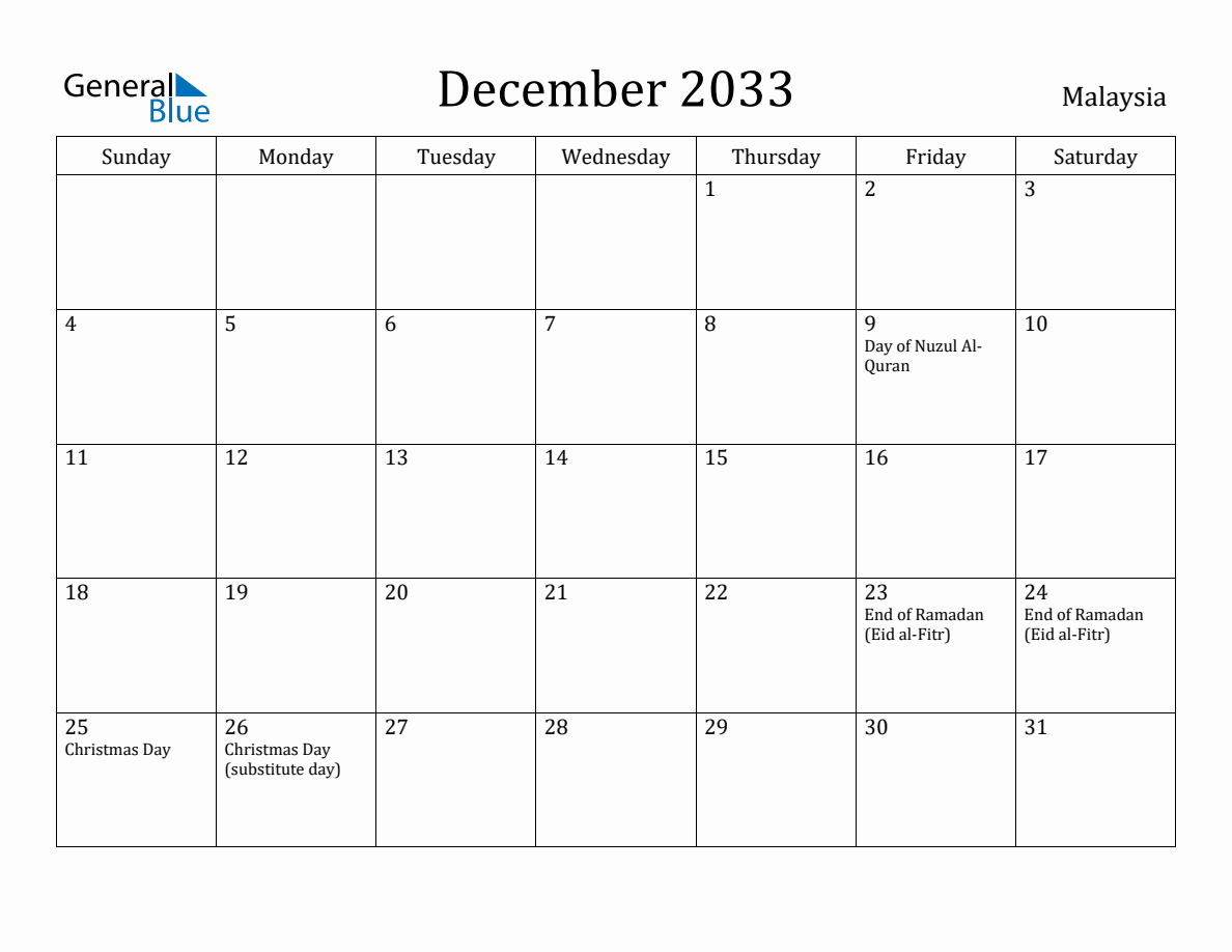 December 2033 Monthly Calendar with Malaysia Holidays