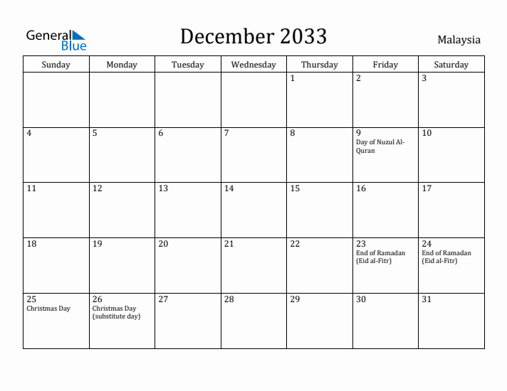 December 2033 Calendar Malaysia