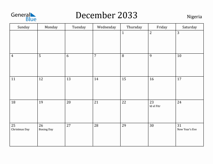 December 2033 Calendar Nigeria