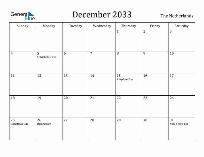 December 2033 Calendar The Netherlands