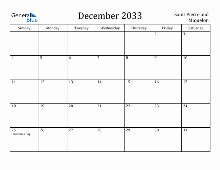 December 2033 Calendar Saint Pierre and Miquelon