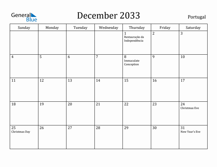 December 2033 Calendar Portugal