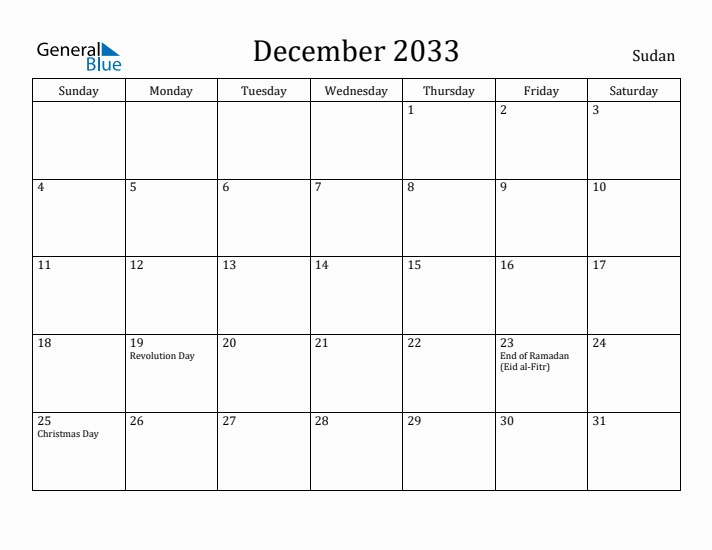 December 2033 Calendar Sudan