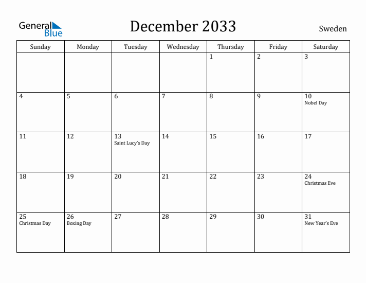 December 2033 Calendar Sweden