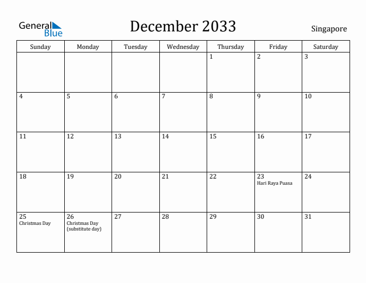 December 2033 Calendar Singapore