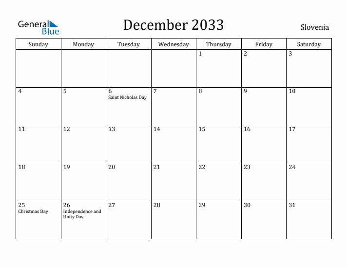 December 2033 Calendar Slovenia