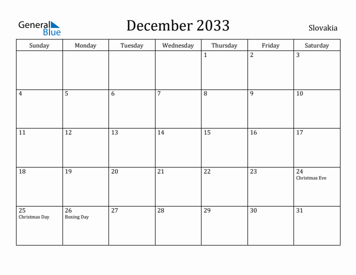 December 2033 Calendar Slovakia