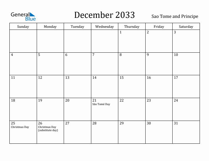 December 2033 Calendar Sao Tome and Principe