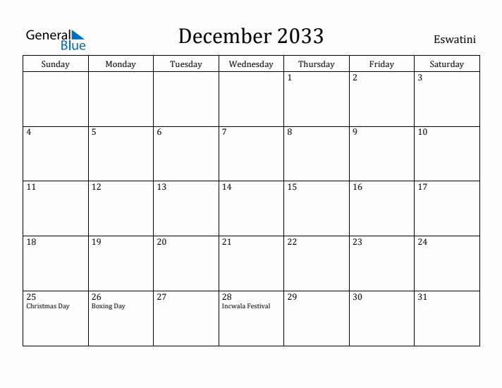 December 2033 Calendar Eswatini