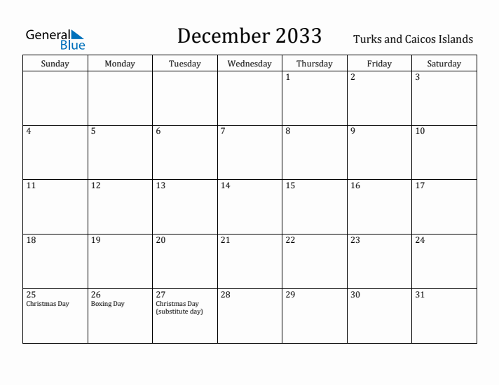 December 2033 Calendar Turks and Caicos Islands