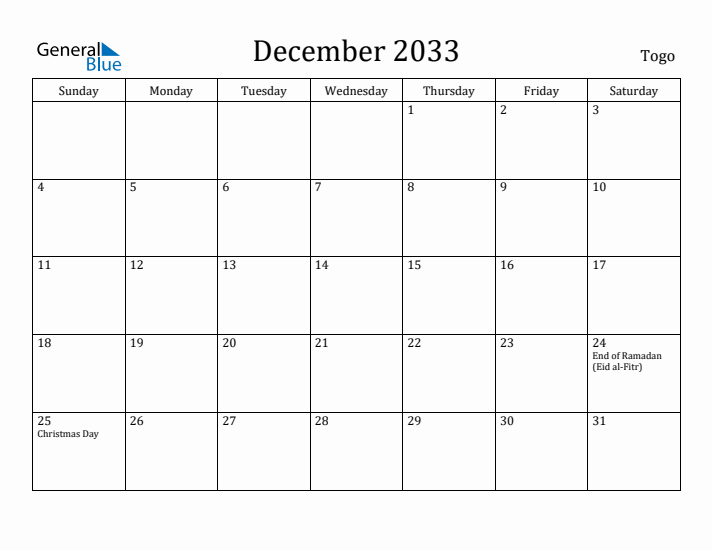 December 2033 Calendar Togo
