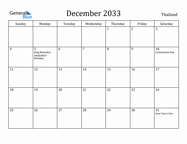 December 2033 Calendar Thailand