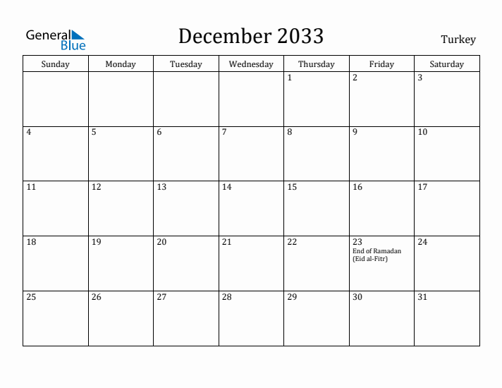 December 2033 Calendar Turkey