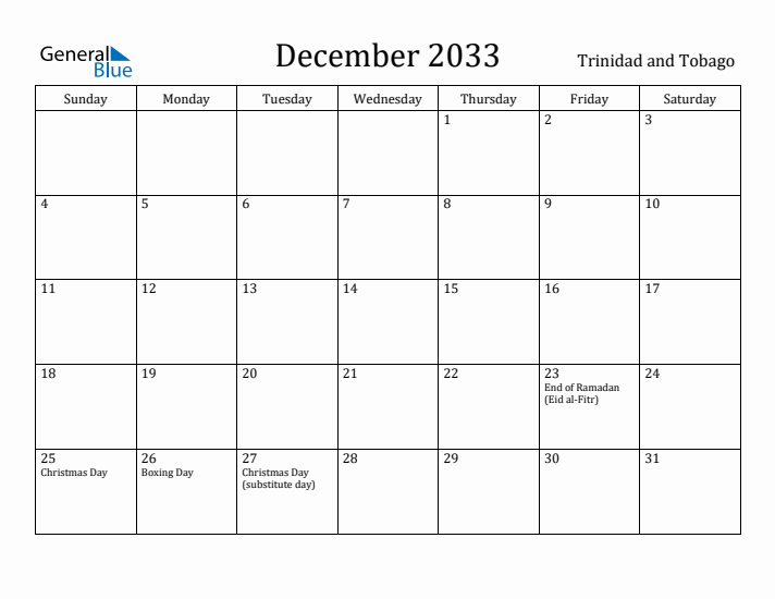 December 2033 Calendar Trinidad and Tobago