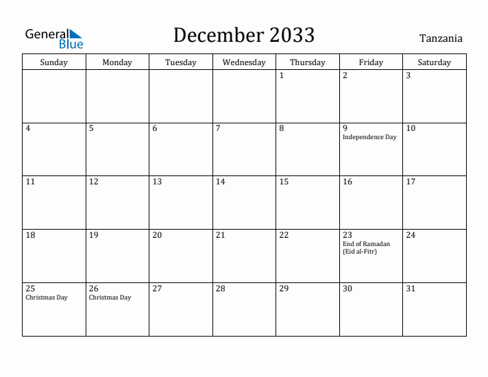December 2033 Calendar Tanzania
