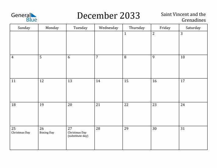 December 2033 Calendar Saint Vincent and the Grenadines