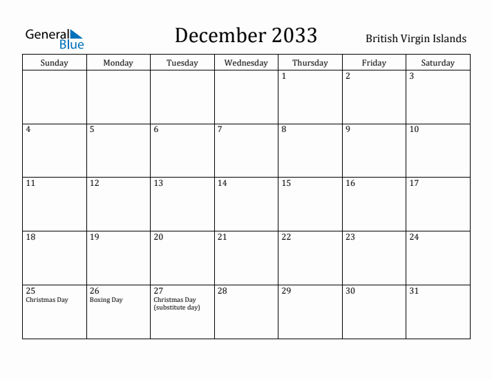 December 2033 Calendar British Virgin Islands