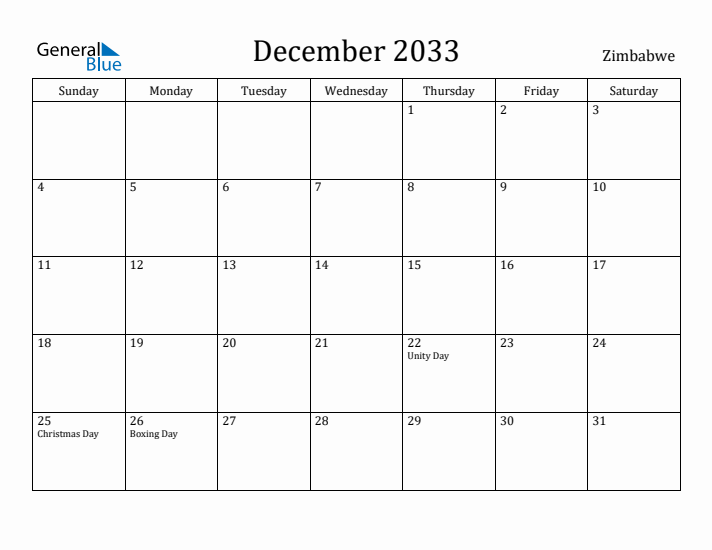 December 2033 Calendar Zimbabwe