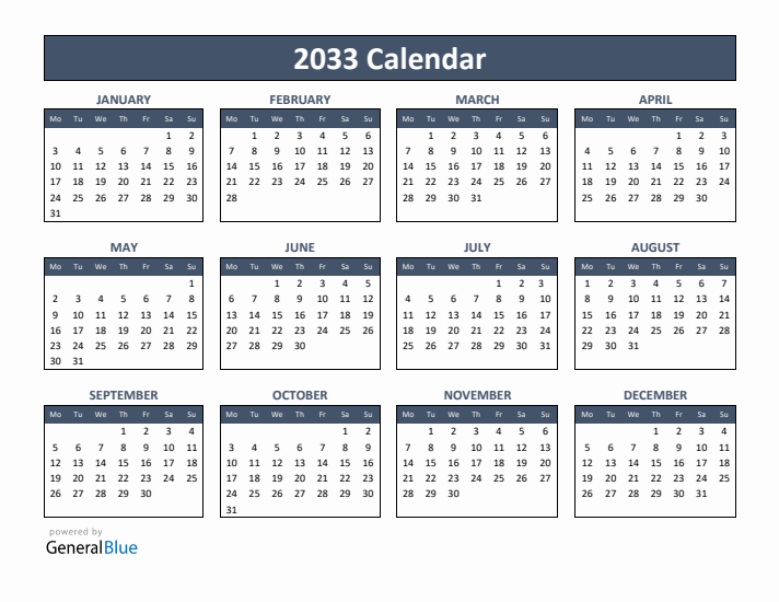 Basic Annual Calendar for Year 2033