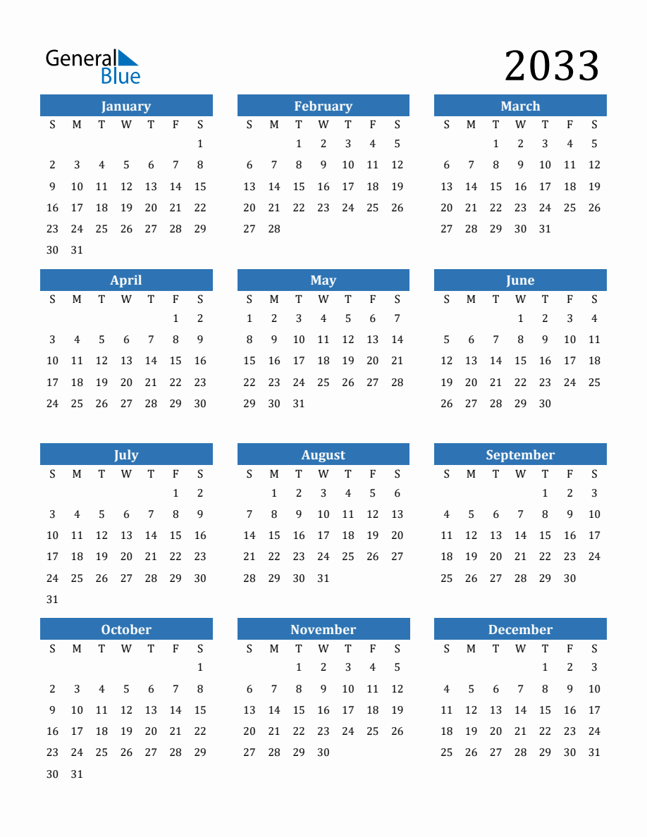 カレンダー 2033年（令和15年）年間カレンダー・暦［PDF・画像］無料ダウンロード